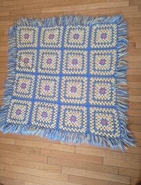 Handmade Crochet Granny Square Afghan Pastel Floral 45 inches x 45 in